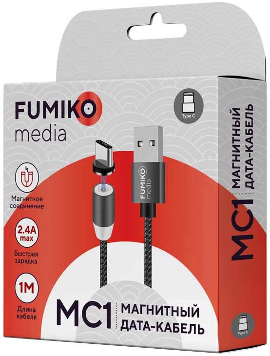 Кабель USB 2.0 Am - Type-C 1.0m (FMC-01GREYT, 2.4A, быстрая зарядка, нейлоновая оплётка, магнитный, grey) FUMIKO