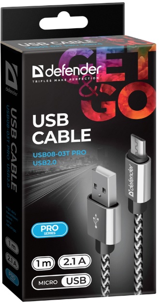 Кабель USB 2.0 Am - micro USB 1.0m (USB08-03T PRO, 2.1A, нейлоновая оплётка, white) Defender