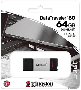 Флеш накопитель USB 3.2 64Gb Kingston DataTraveler 80 (DT80/64GB, OTG Type-C, 200MB/s, black-silver)