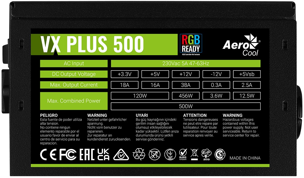 Блок питания AeroCool 500W (VX-500 RGB PLUS, 120mm, 20+4+4+4pin, PCI-E 6+2pin, 3*SATA, 3*HDD, 1*FDD) RTL