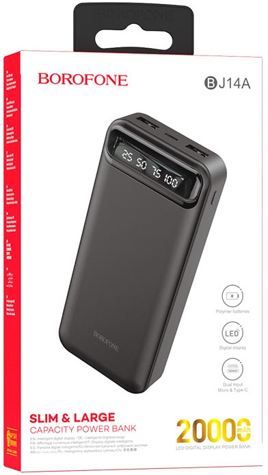 Внешний аккумулятор Borofone BJ14A Freeway (литий-полимерный, 20000mAh, 2*USB 2A, вход 2A, black)