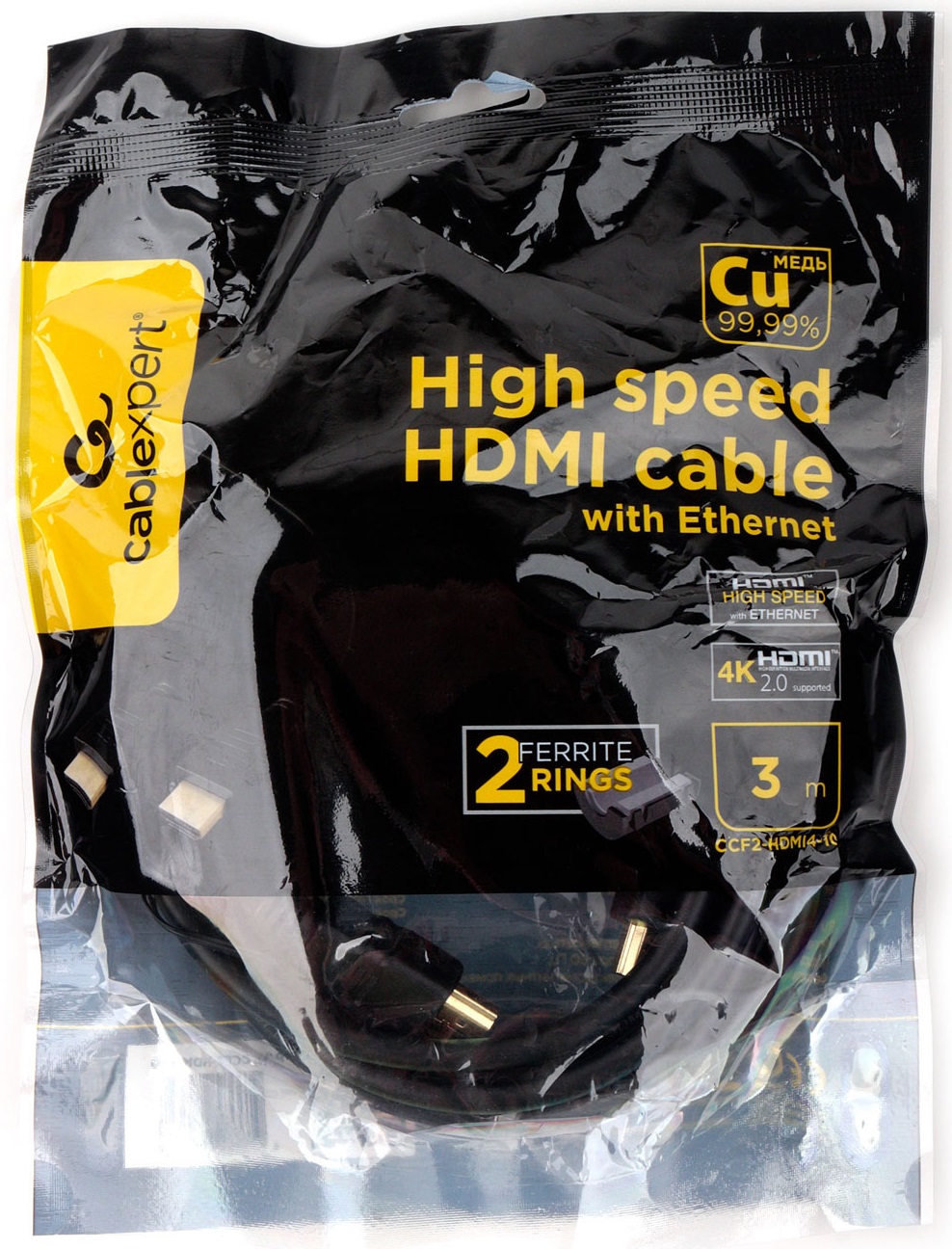 Кабель HDMI (m) - HDMI (m) 3.0m (CCF2-HDMI4-10, 4K, ver.2.0, медь, 2 ферритовых фильтра, с позолоченными контактами, экранированный, black) Cablexpert