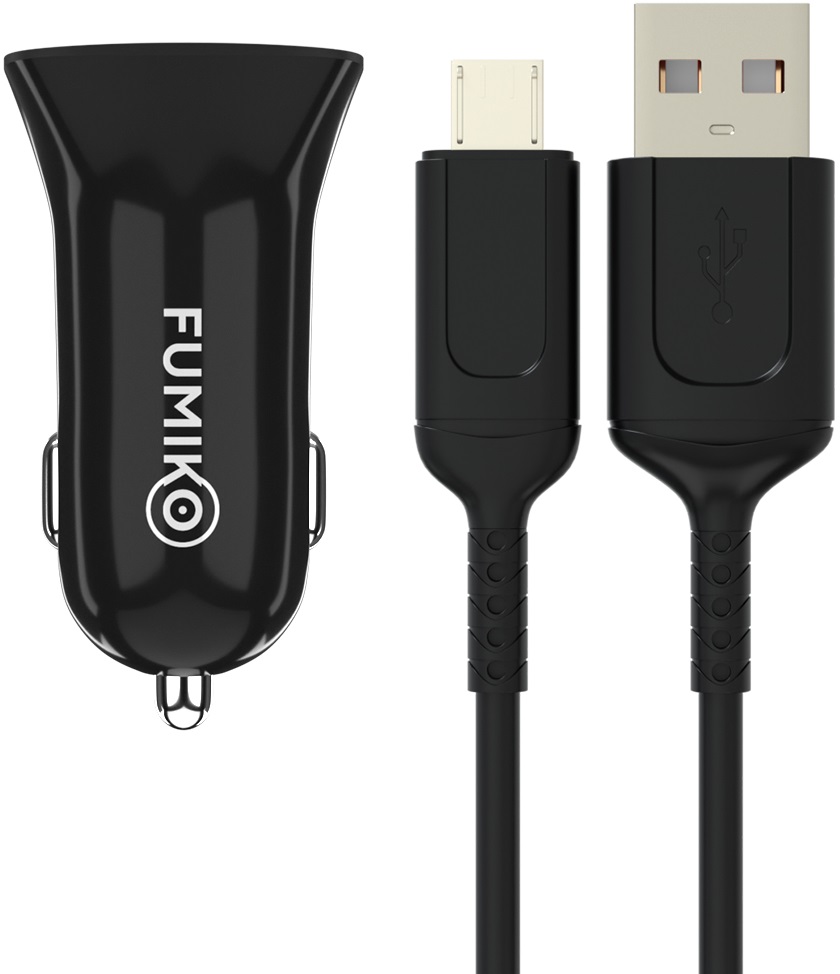 Зарядное устройство от прикуривателя FUMIKO CC06 (FCC06-06, 12/24V - USB, 2 USB разъёма, 2.4А max, быстрая зарядка, кабель microUSB 1m, black)