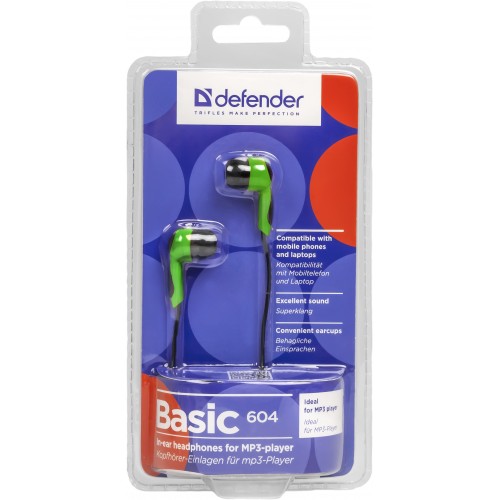 Наушники Defender Basic-604 (затычки, без микрофона, 1.1m, black-green)
