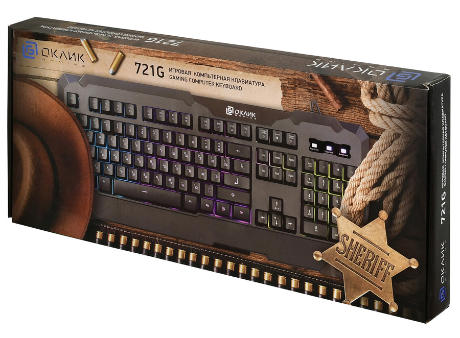 Клавиатура Oklick 721G Sheriff (USB, игровая, с трёхцветной регулируемой подсветкой, black)