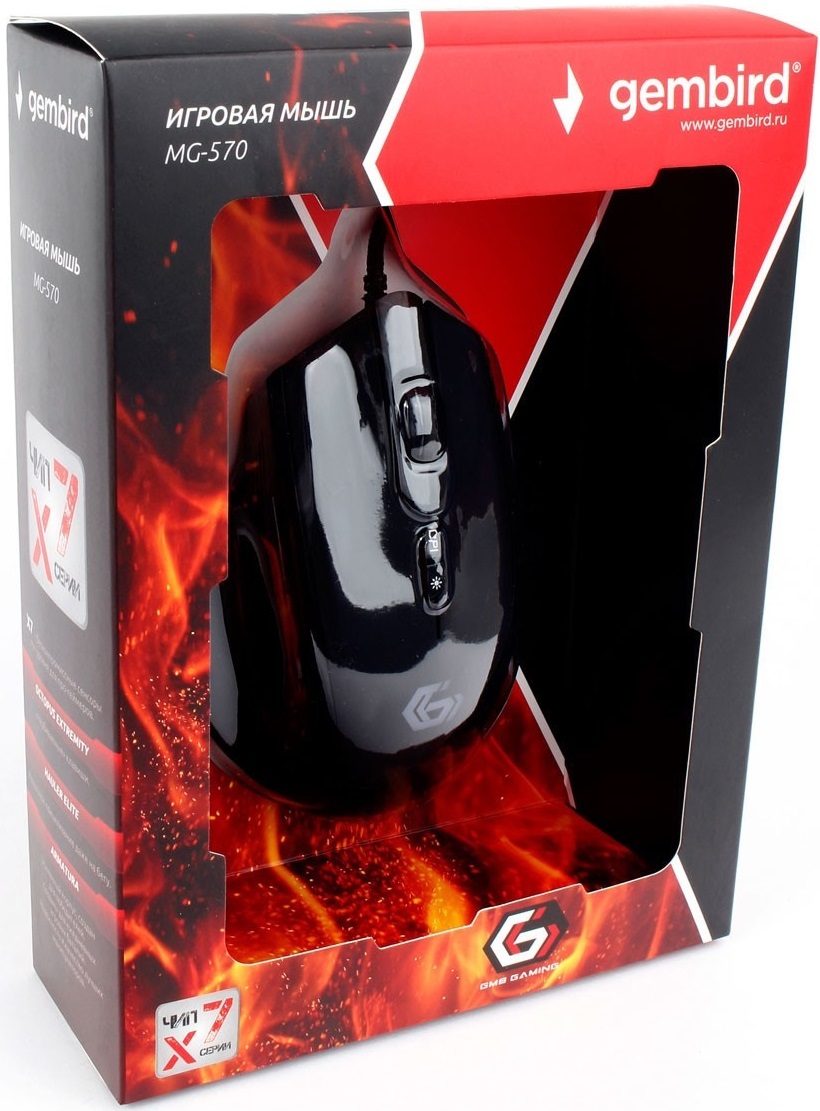 Мышь Gembird MG-570 (USB, optical, 3200dpi, RGB подсветка, игровая, 1.8m, soft-touch, black)