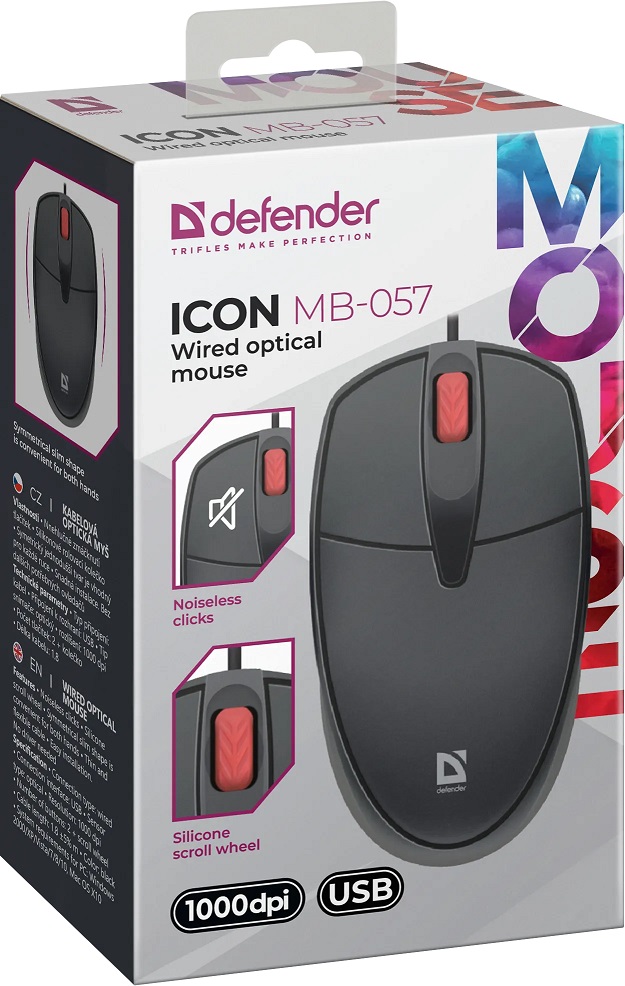 Мышь Defender Icon MB-057 (USB, optical, 1000dpi, тихий клик, 1.8m, black)