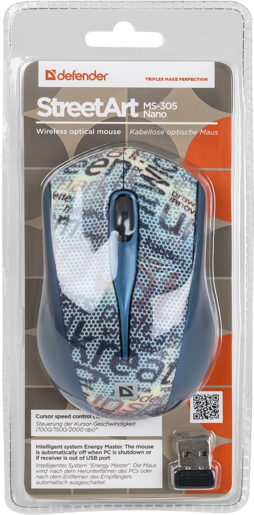 Мышь беспроводная Defender StreetArt MS-305 (optical, 2000dpi, AA, grey)