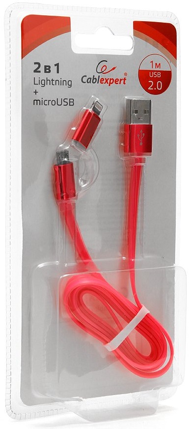 Кабель USB 2.0 Am - micro USB + Lightning 1.0m (CC-mAPUSB2pk 1m, силиконовый шнур, блистер, pink) Cablexpert