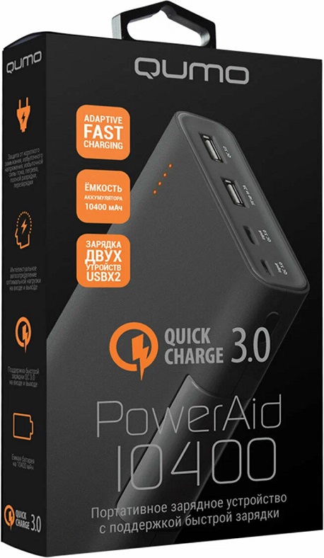 Внешний аккумулятор QUMO PowerAid 10400 QC/PD (литий-полимерный, 10000mAh, 2*USB 3A, вход 3А, QC3.0, PD до 18W, black)