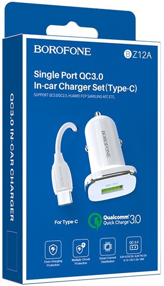 Зарядное устройство от прикуривателя Borofone BZ12A (12/24V - USB, 3А, 18W, кабель Type-C 1m, QC3.0, white)