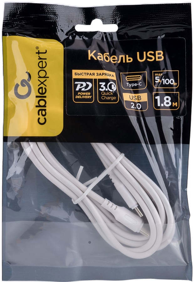 Кабель USB 2.0 Type-C - Type-C 1.8m (CC-USB2-CMCM-100-1.8M-W, медь, 5A, 100W, быстрая зарядка, QC3.0, PD, white) Cablexpert