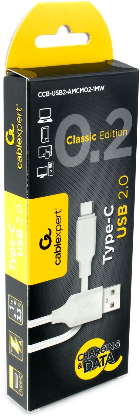 Кабель USB 2.0 Am - Type-C 1.0m (CCB-USB2-AMCMO2-1MW, медь, 3А, 18W, быстрая зарядка, QC3.0, white) Cablexpert