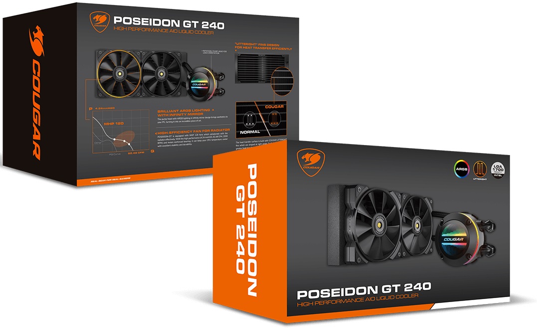 Водяное охлаждение Cougar Poseidon GT240 (1150/1151/1155/1156/1200/1366/1700/2011/2066/TR4/TRX4/FM1/FM2/AM2/AM3/AM4/AM5, Радиатор: Al, Водоблок: Cu, 2 вентилятора: 120mm, 600-2000rpm, <35dBa, 4pin, PWM, Помпа: 3200rpm, 3pin, 250W, ARGB, black) RTL