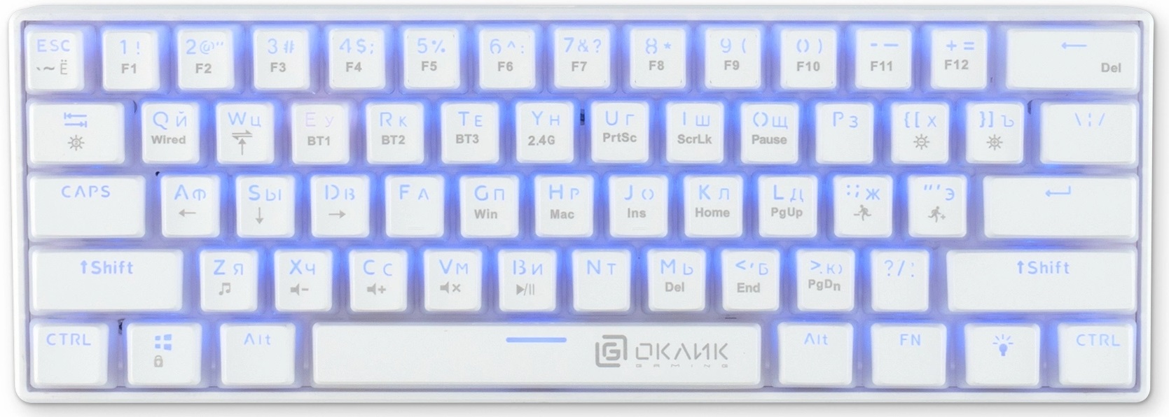 Клавиатура Oklick K763W (USB / Bluetooth 5.0(3.0) / 2.4GHz, механическая, аккумулятор 1450mAh (до 5 дней беспрерывной работы), регулируемая RGB подсветка, игровая, мультимедийная, Anti-Ghosting, 1.8m, white)