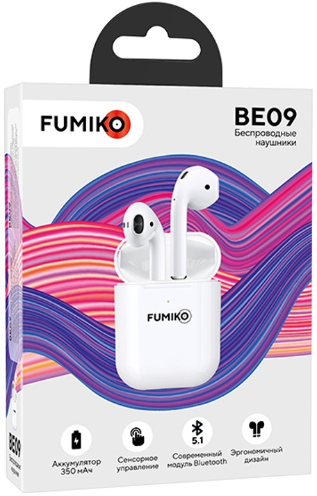 Гарнитура FUMIKO BE09 (FBE09-01, вкладыши, беспроводная, Bluetooth 5.1, с микрофоном, до 4 часов работы от батареи, white)