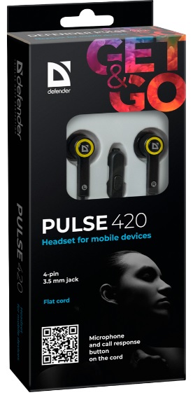 Наушники Defender Pulse 420 (затычки, с микрофоном, 1.1m, black-yellow)