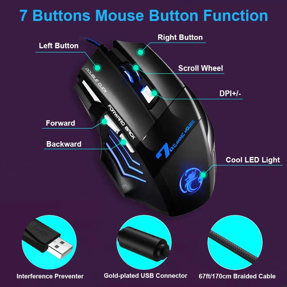 Мышь iMICE X7 (USB, optical, 5500dpi, игровая, RGB подсветка,1.65m,  black)