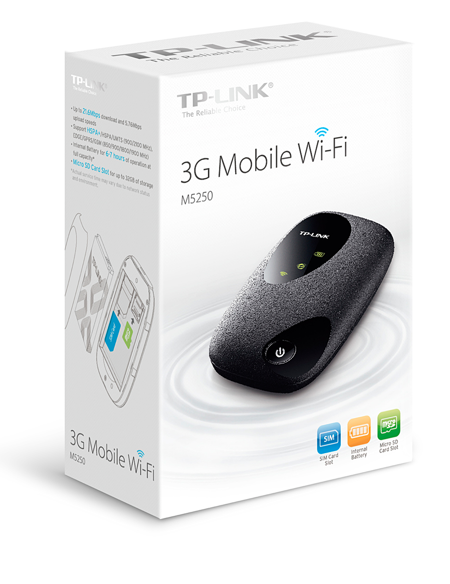 Роутер TP-LINK M5250 (21,6 Mbps, 2.4GHz, слот SIM, мобильный, 7 часов автономной работы, microSD до 32GB, 3G, black)