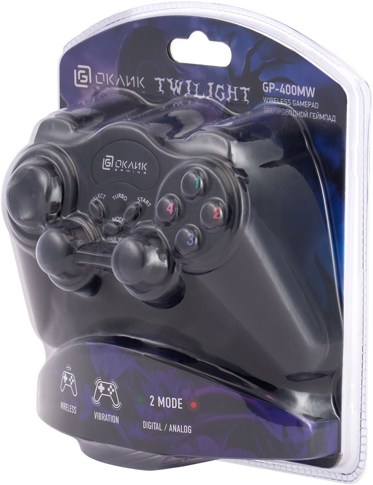 Геймпад Oklick TWILIGHT GP-400MW (PC/PS1/PS2/PS3, беспроводной / USB, 3xAAA, вибрация, black)