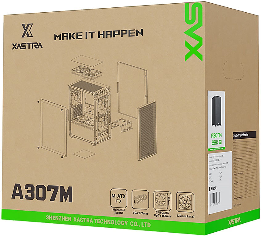 Корпус XASTRA A307M 2BK SI (без БП, mATX, USB3.0, 2x Fan, black)