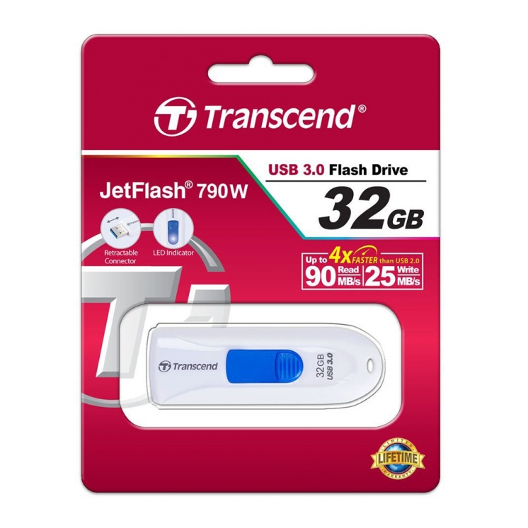 Флеш накопитель USB 3.1 32Gb Transcend JetFlash 790W (TS32GJF790W, 100MB/s, white-blue)