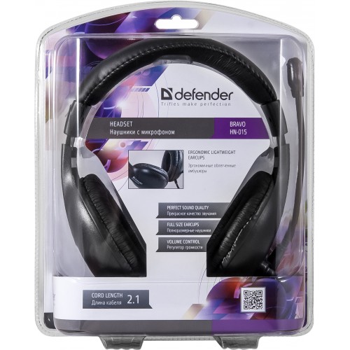 Наушники Defender Bravo HN-015 (полноразмерные закрытые, микрофон, 2.1m, с регулятором, black)