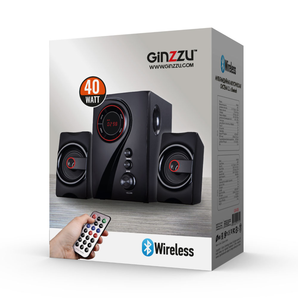 Колонки GINZZU GM-406 (40W, Bluetooth, ПДУ, FM, USB, SD, black)