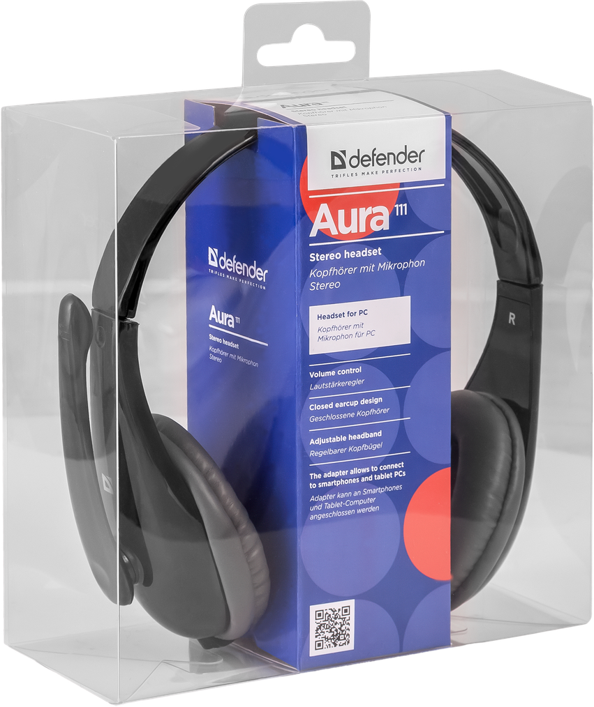 Наушники Defender Aura 111 (накладные закрытые, с микрофоном, регулятор, 2m, black)