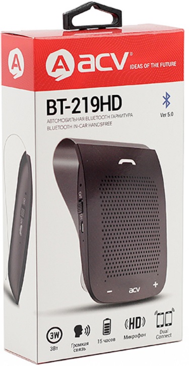 Автомобильная Bluetooth гарнитура (Handsfree) ACV BT-219HD (3W, для 2х телефонов, громкая связь, шумоподавление, BT v5.0, NFC, iOS, Android, до 10 метров, до 15 часов в режиме разговора от батареи 900mAh, black)