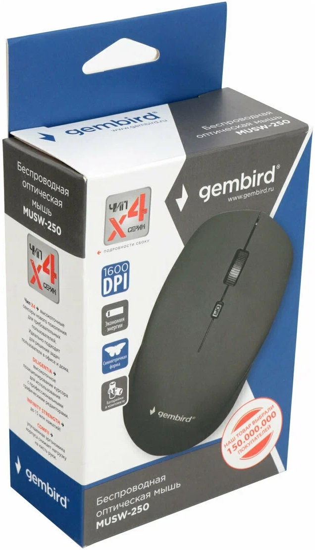 Мышь беспроводная Gembird MUSW-250 (optical, 1600dpi, AA, black)