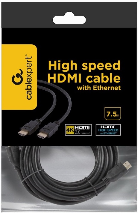 Кабель HDMI (m) - HDMI (m) 7.5m (CC-HDMI4L-7.5M, 4K, ver.2.0, с позолоченными контактами, экранированный, пакет, black) Cablexpert