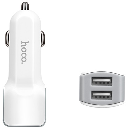 Зарядное устройство от прикуривателя hoco Z23 Grand style (12/24V - USB, 2*USB, 2.4А max, 12W, кабель Lightning 1m, быстрая зарядка, white)