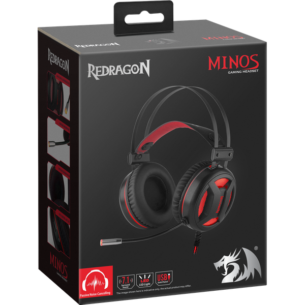 Наушники Redragon MINOS (полноразмерные закрытые, подключение по USB, c микрофоном, игровые, виртуальный объёмный звук 7.1, 2m, black-red)