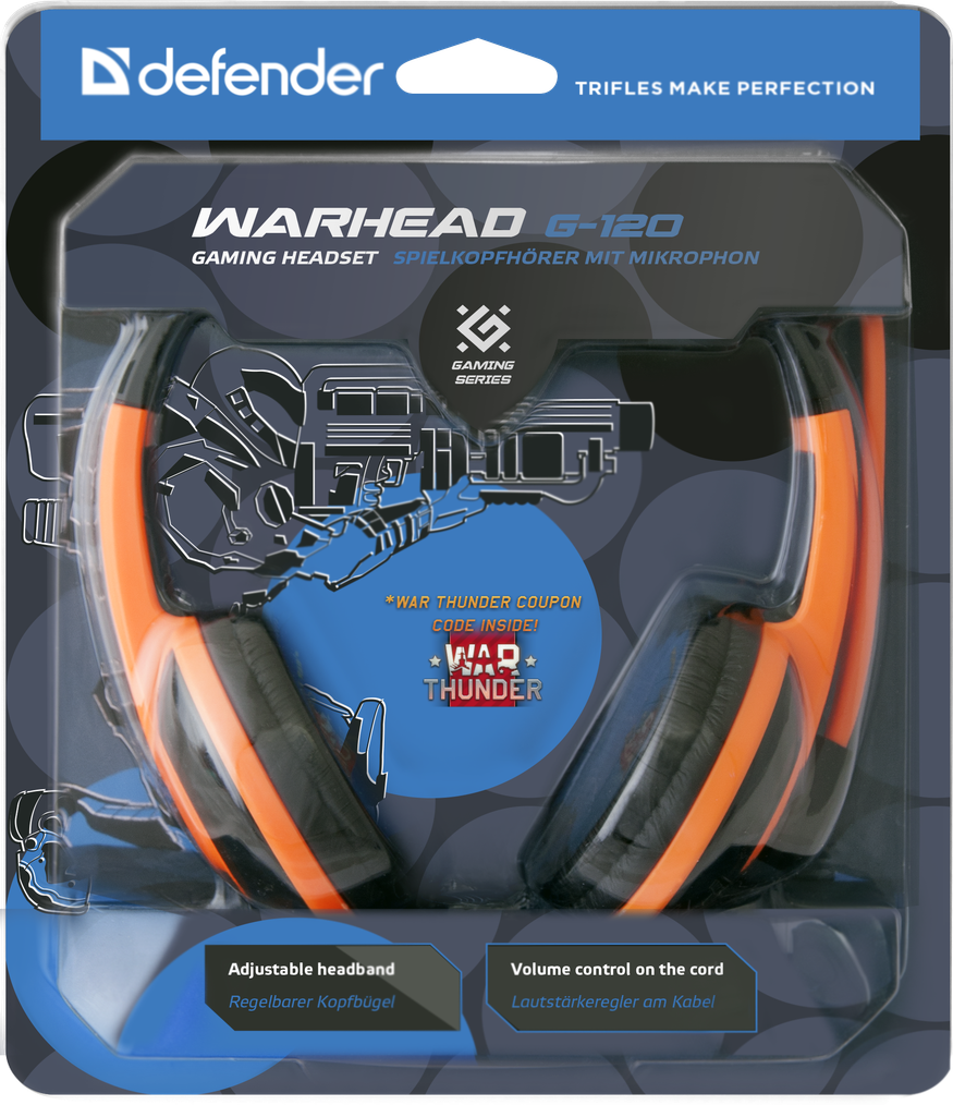 Наушники Defender Warhead G-120 (накладные закрытые, c микрофоном, игровые, 2m, промо-код "War Thunder", black-orange)