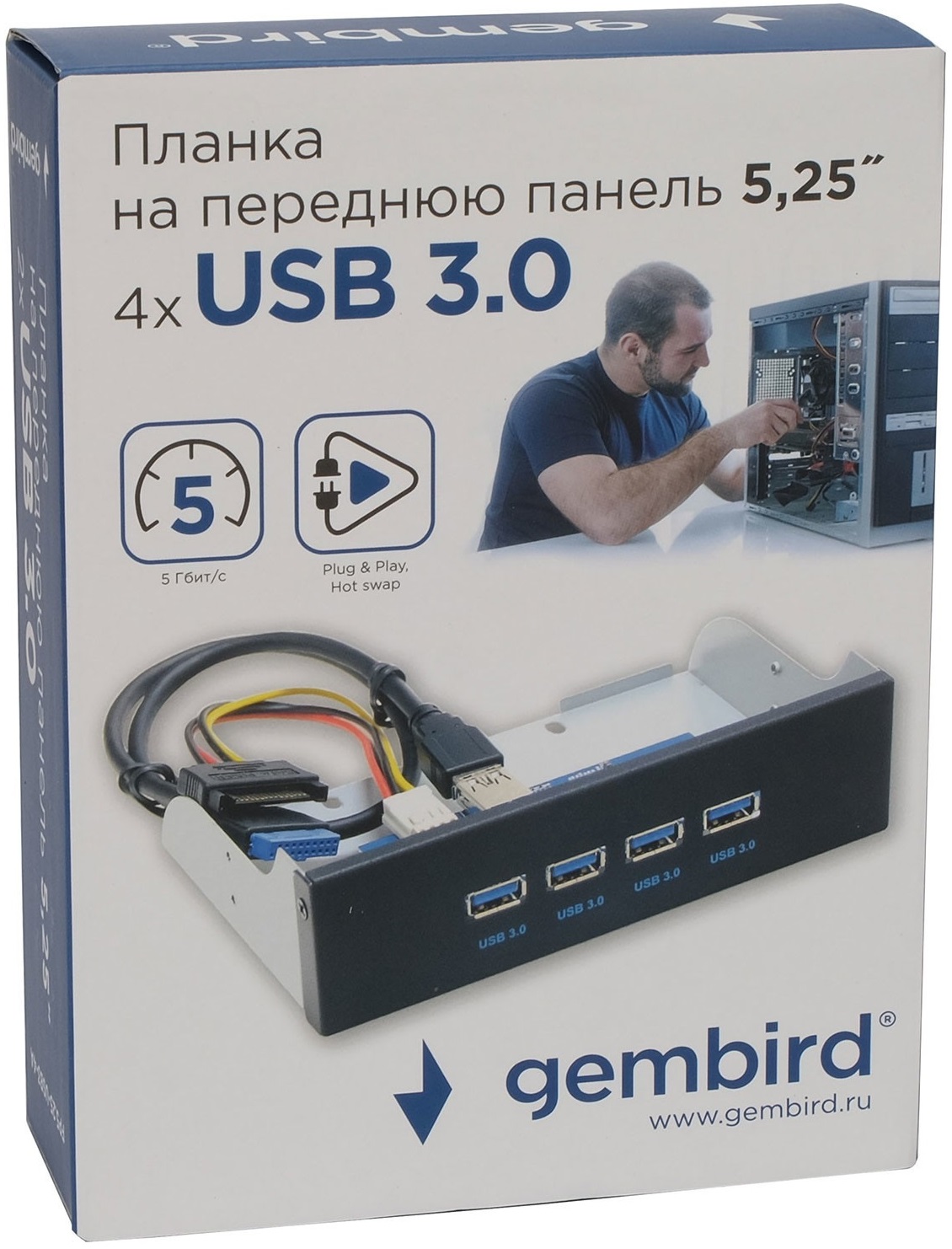 Фронтальная панель Gembird FP5.25-USB3-4A (5.25", 4хUSB 3.0, black)