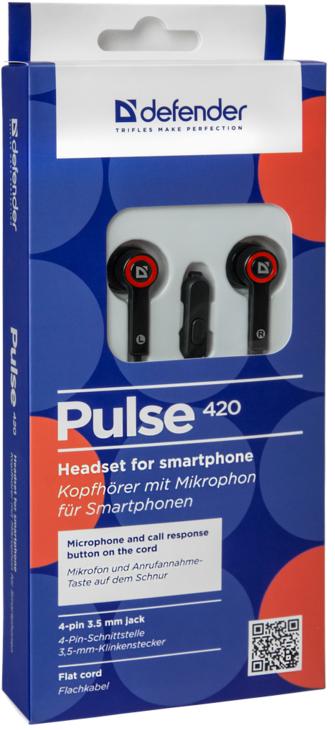 Наушники Defender Pulse 420 (затычки, с микрофоном, 1.1m, black-red)