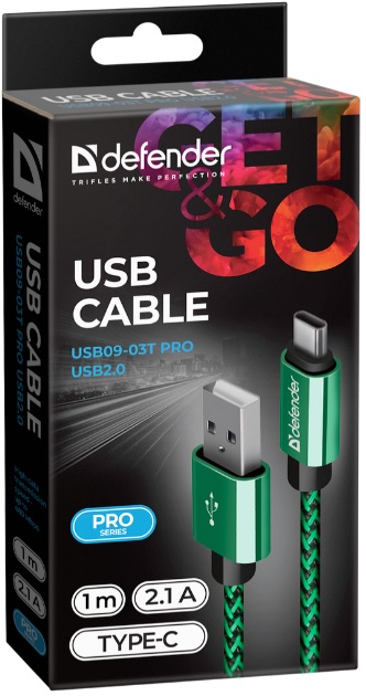 Кабель USB 2.0 Am - Type-C 1.0m (USB09-03T PRO, 2.1A, нейлоновая оплётка, green) Defender