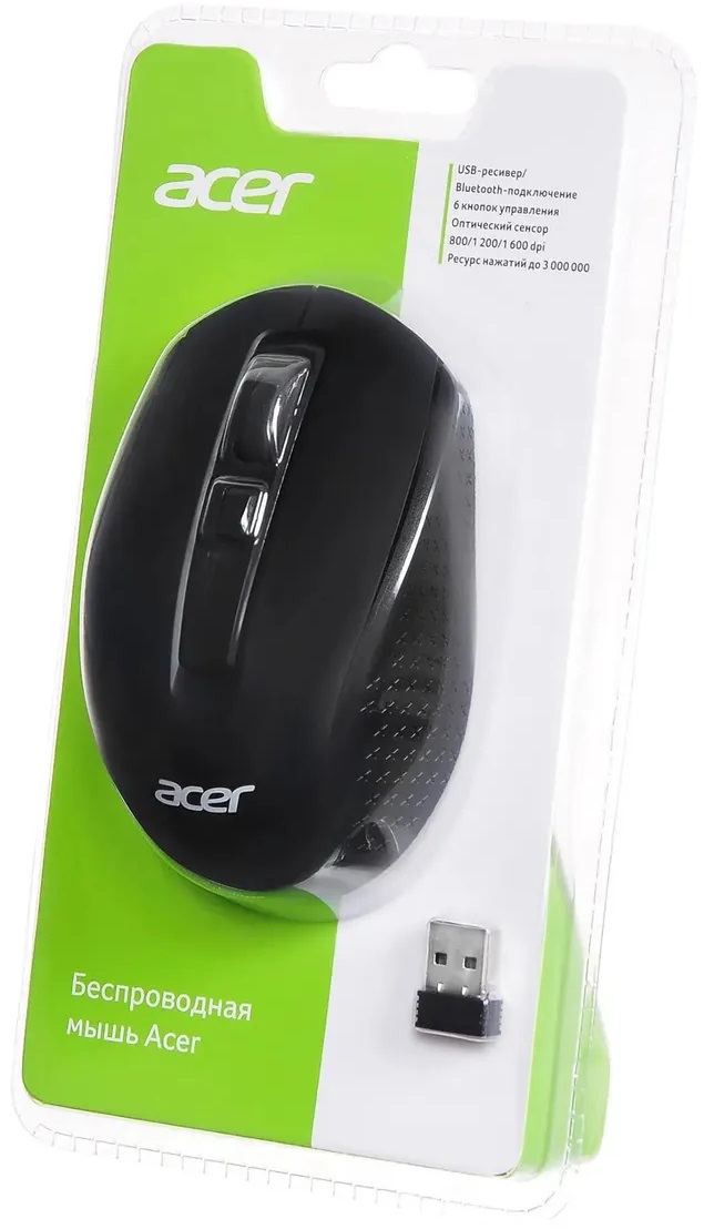 Мышь беспроводная Acer OMR070 (optical, 1600dpi, AA, soft-touch, black)