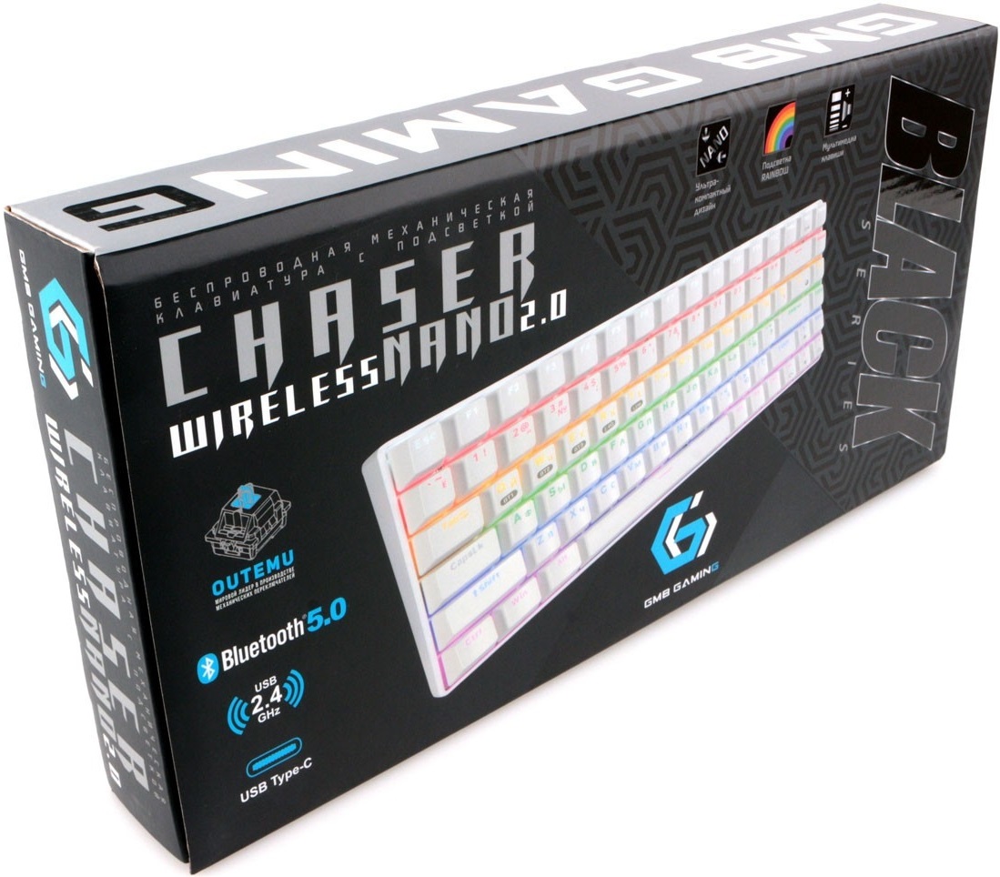 Клавиатура беспроводная Gembird CHASER WIRELESS NANO 2.0 KBW-G520L (Bluetooth 5.0 / USB 2.4GHz / USB Type-C, аккумулятор 3150mAh, механическая, радужная подсветка, игровая, мультимедийная, white)