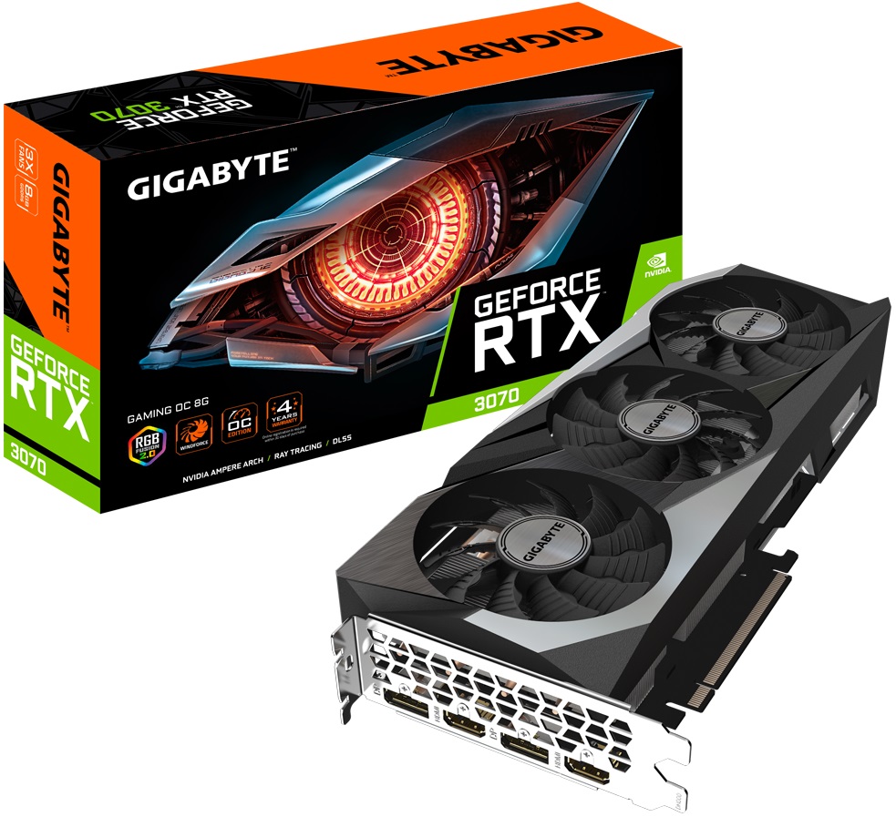 Видеокарта Gigabyte GF RTX3070 8Gb (GV-N3070GAMING OC-8GD, 256bit, GDDR6, 2xHDMI+2xDP) RTL