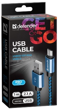 Кабель USB 2.0 Am - micro USB 1.0m (USB08-03T PRO, 2.1A, нейлоновая оплётка, blue) Defender