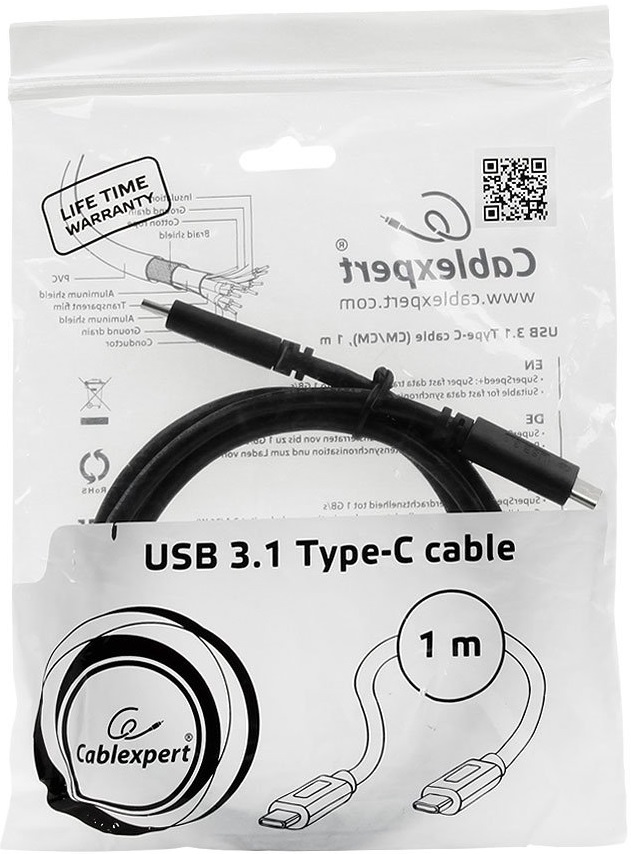 Кабель USB 3.2 Type-C - Type-C 1.0m (CCP-USB3.1-CMCM-1M, медь, 3А, 36W, быстрая зарядка, QC3.0, PD, двойное экранирование, black) Cablexpert