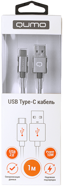 Кабель USB 2.0 Am - Type-C 1.0m (22475, 2A, 10W, нейлоновая оплётка, silver) QUMO