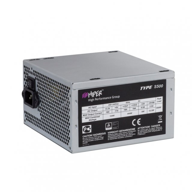 Блок питания Hiper 500W (Type S500, 120mm, 20+4+4, PCI-E 6+2pin, 3*SATA, 3*HDD, 1*FDD) OEM