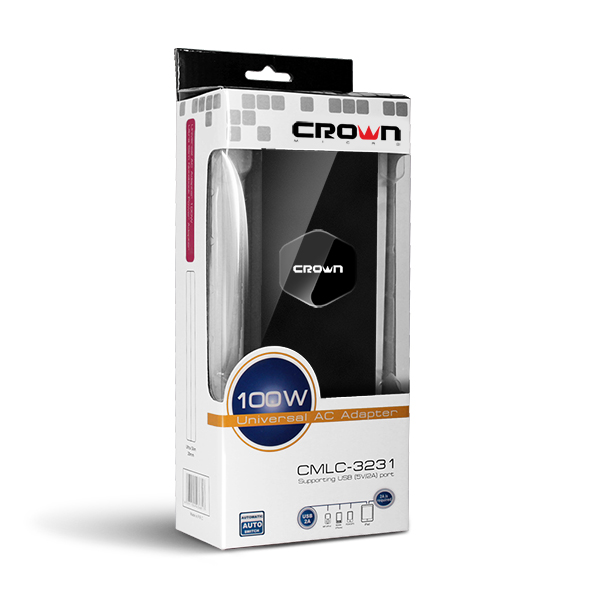 Зарядное устройство для ноутбука Crown CMLC-3231 (вход 220V, выход 12-24V (автоопределение), USB 2A, 100W, black)