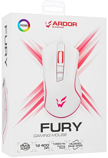 Мышь ARDOR GAMING Fury (USB, optical, 12400dpi, аккумулятор, игровая, RGB подсветка, программируемая, soft-touch, 1.8m, white)