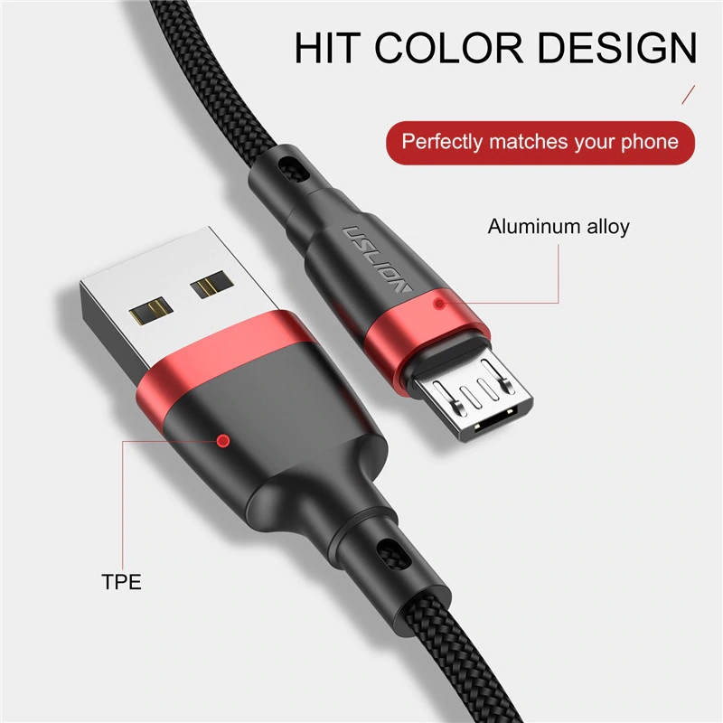 Кабель USB 2.0 Am - micro USB 1.0m (3A, быстрая зарядка, нейлоновая оплётка, black-red) USLION
