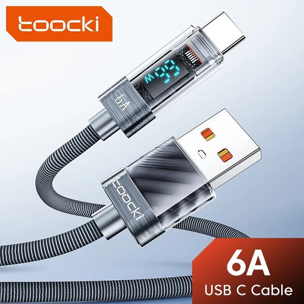 Кабель USB 2.0 Am - Type-C 1.0m (6A, 66W, быстрая зарядка, нейлоновая оплётка, grey) Toocki