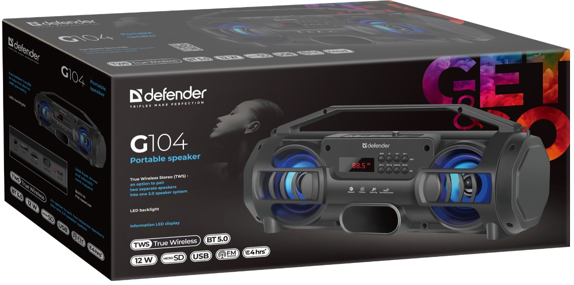 Колонка Defender G104 (12W, портативная, аккумулятор 1500mAh, Bluetooth v.5.0, AUX, USB, MicroSD, FM, MP3, TWS, до 4 часов работы от батареи, подсветка, black)
